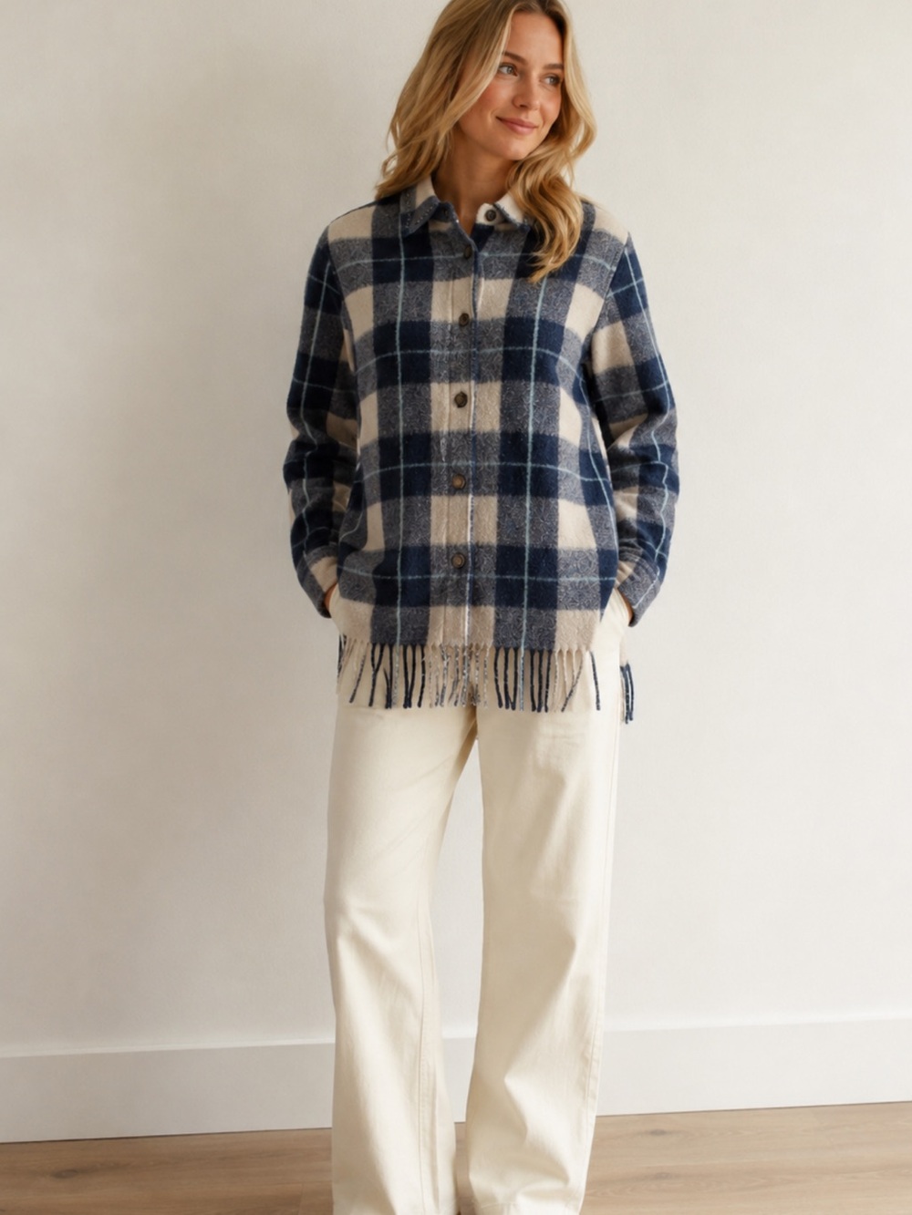 Bylse - Women's Blue and Cream Plaid Button Down Shirt with fringe